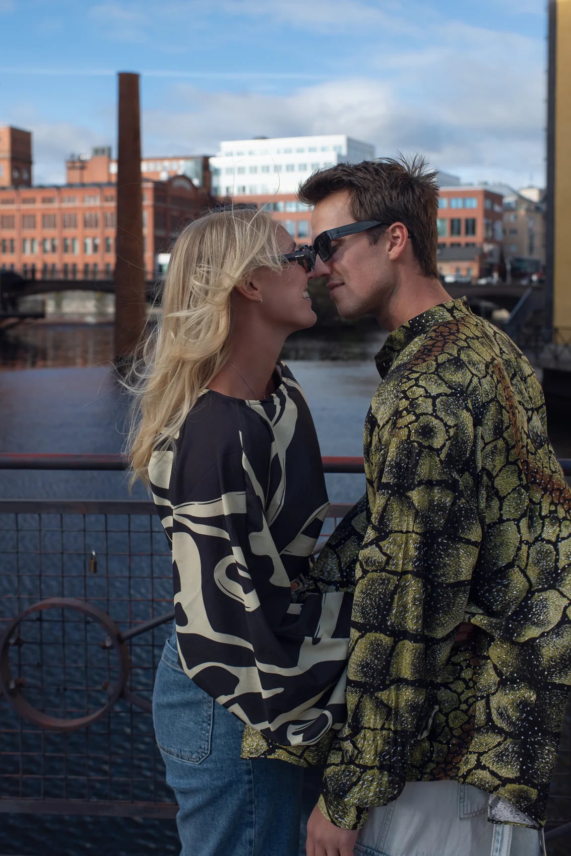 Couple wearing 2CC printed shirts by the Norrköping mills