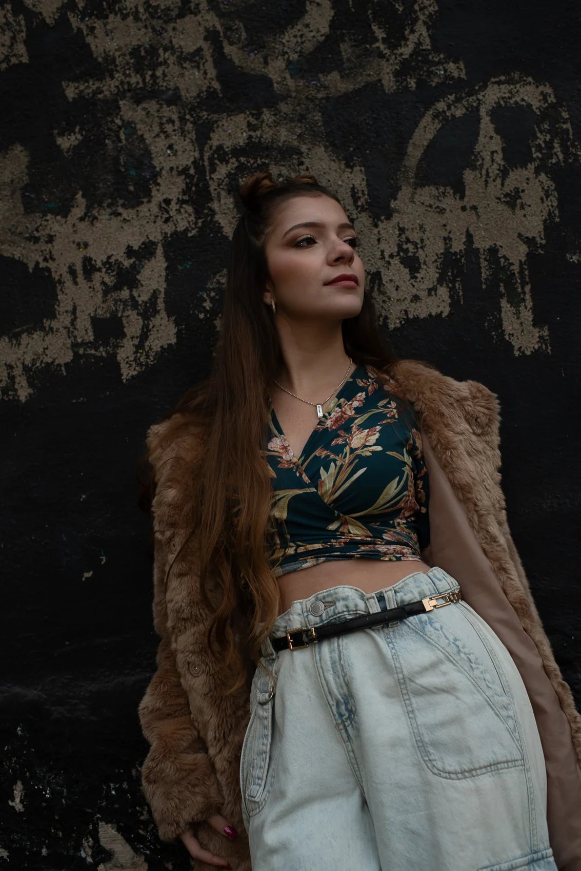 2CC floral wrap top styled with a fur coat in the Swedish autumn